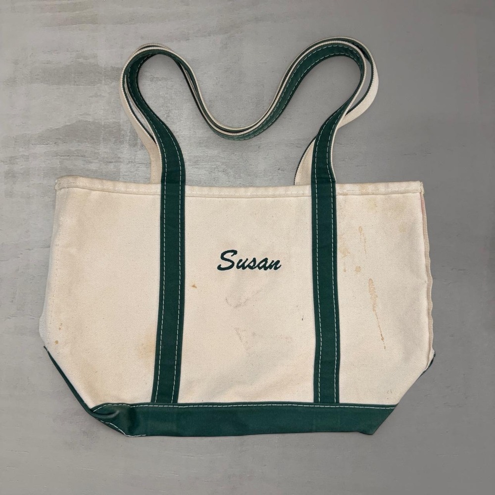 Vintage L.L.Bean Boat and Tote Cream‎ Green Susan Embroidery Large Shoulder Bag